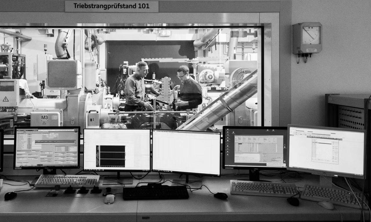 Pohľad do testovacej stanice vybavenej počítačmi s monitormi. Cez okno je vidieť priestor so skúšobnou lavicou, kde stoja dvaja muži a o ničom diskutujú.