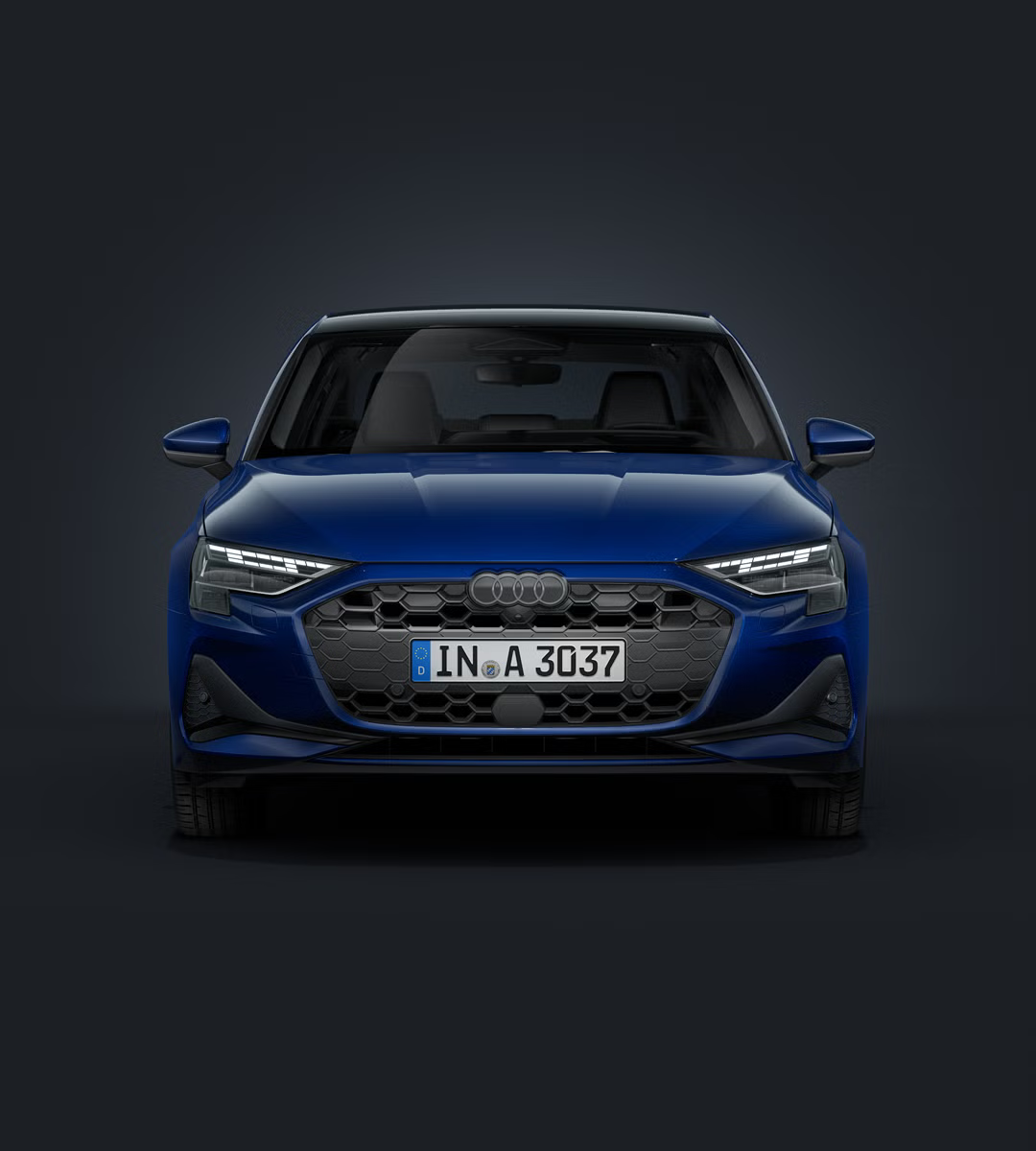 Audi A3 Limuzína spredu na tmavom pozadí.