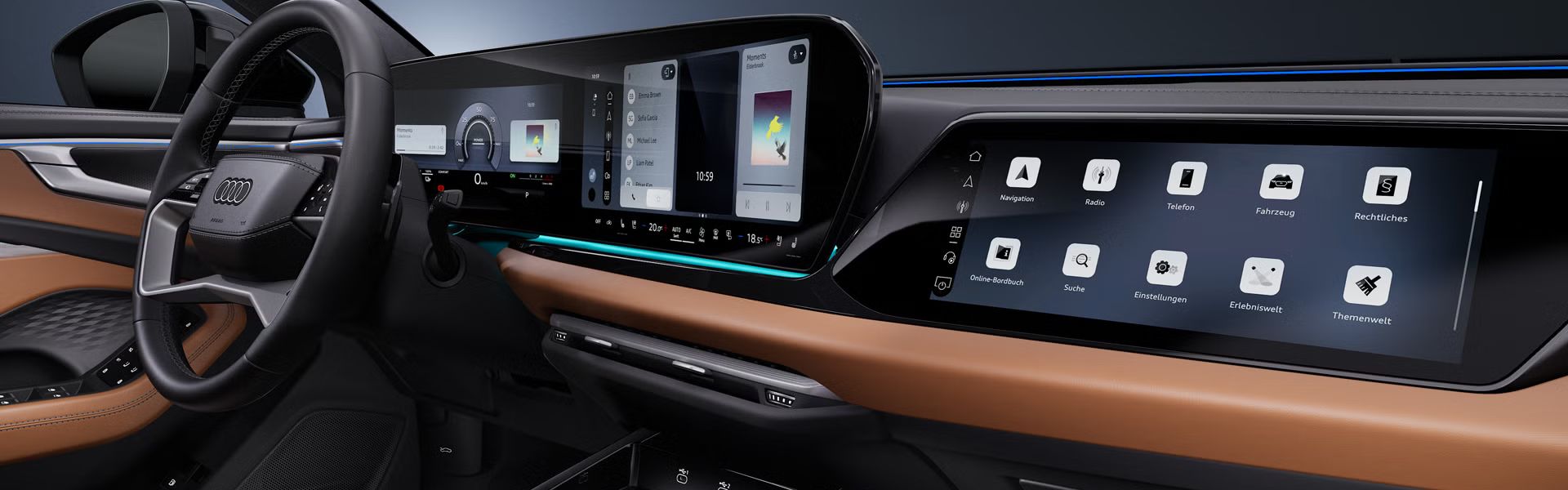 Bočný detailný záber z kokpitu vozidla Audi A6 allroad e-hybrid so zameraním na volant a digitálne displeje.