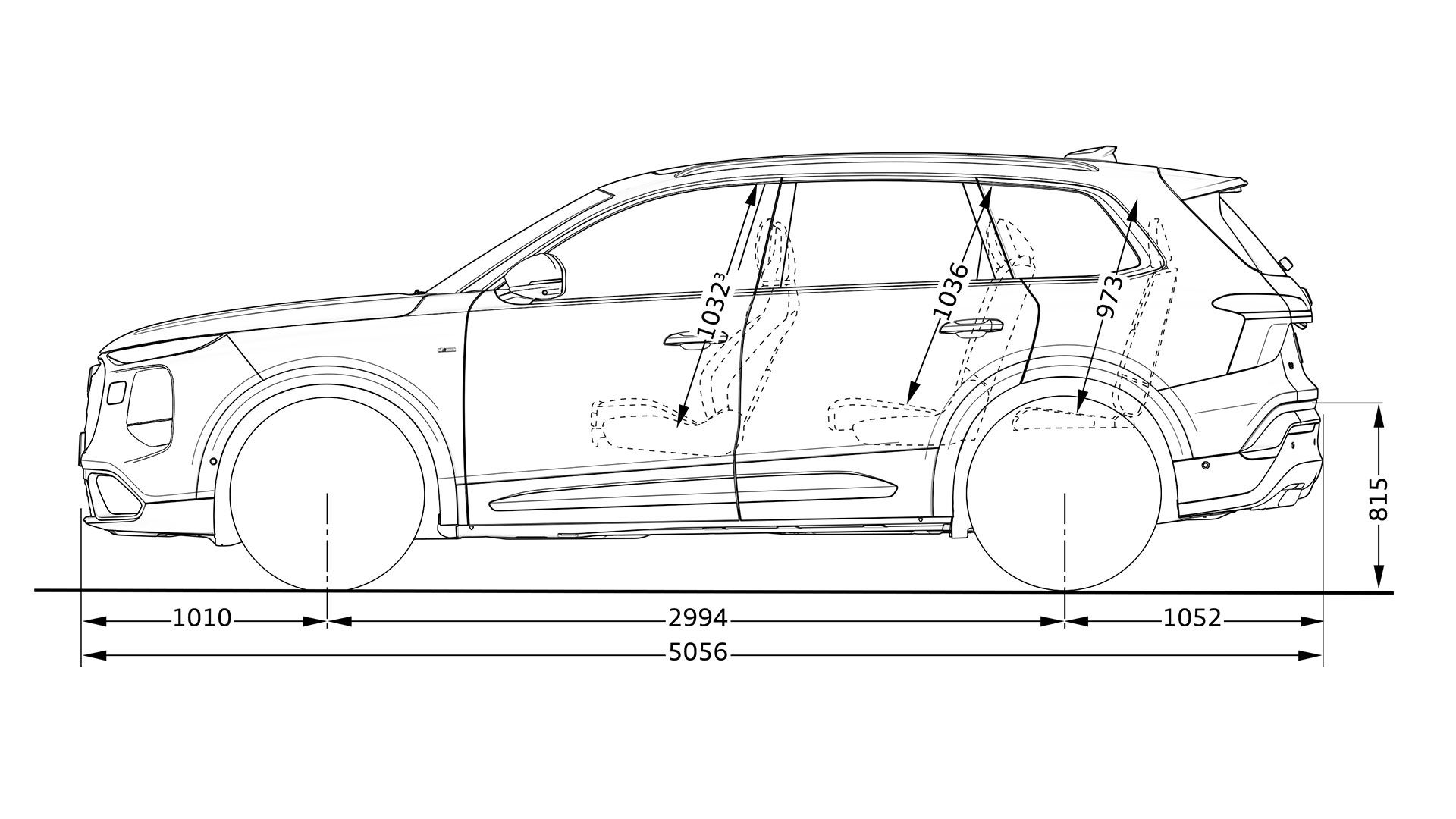Rozmery Audi Q7 SUV z bočného pohľadu.