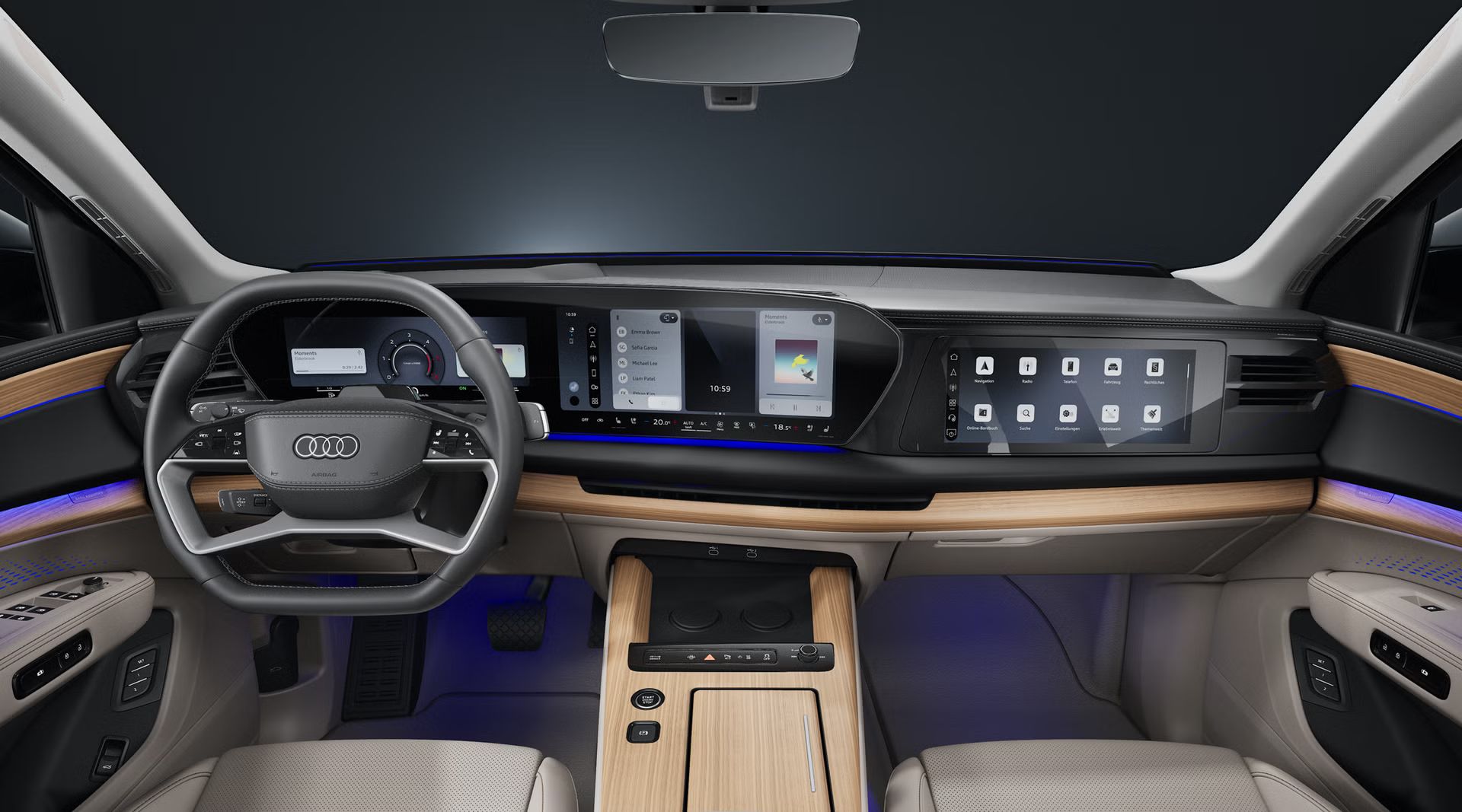 Pohľad zozadu na kokpit, športové sedadlá a digitálne displeje Audi Q7 SUV.