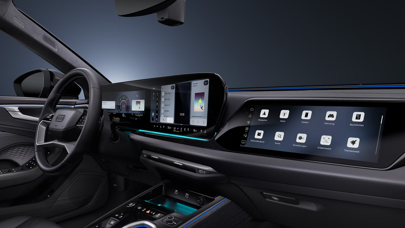 Bočný detailný záber z kokpitu vozidla Audi A6 allroad so zameraním na volant a digitálne displeje.