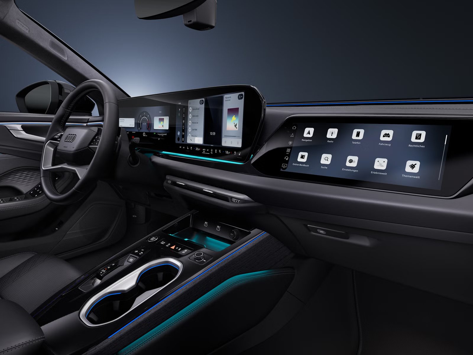 Bočný detailný záber z kokpitu vozidla Audi A6 allroad so zameraním na volant a digitálne displeje.