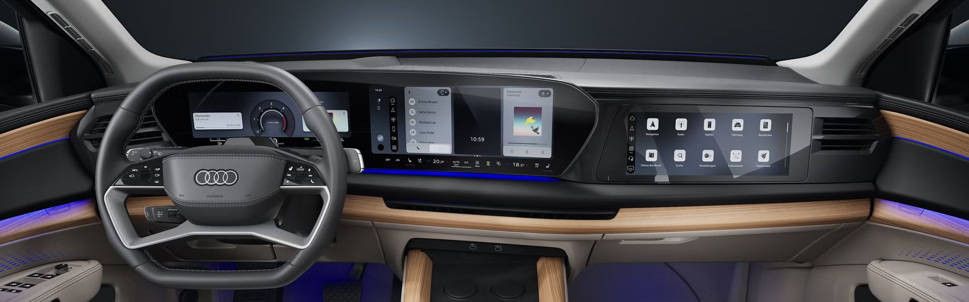 Pohľad zozadu na kokpit, športové sedadlá a digitálne displeje Audi Q7 SUV.