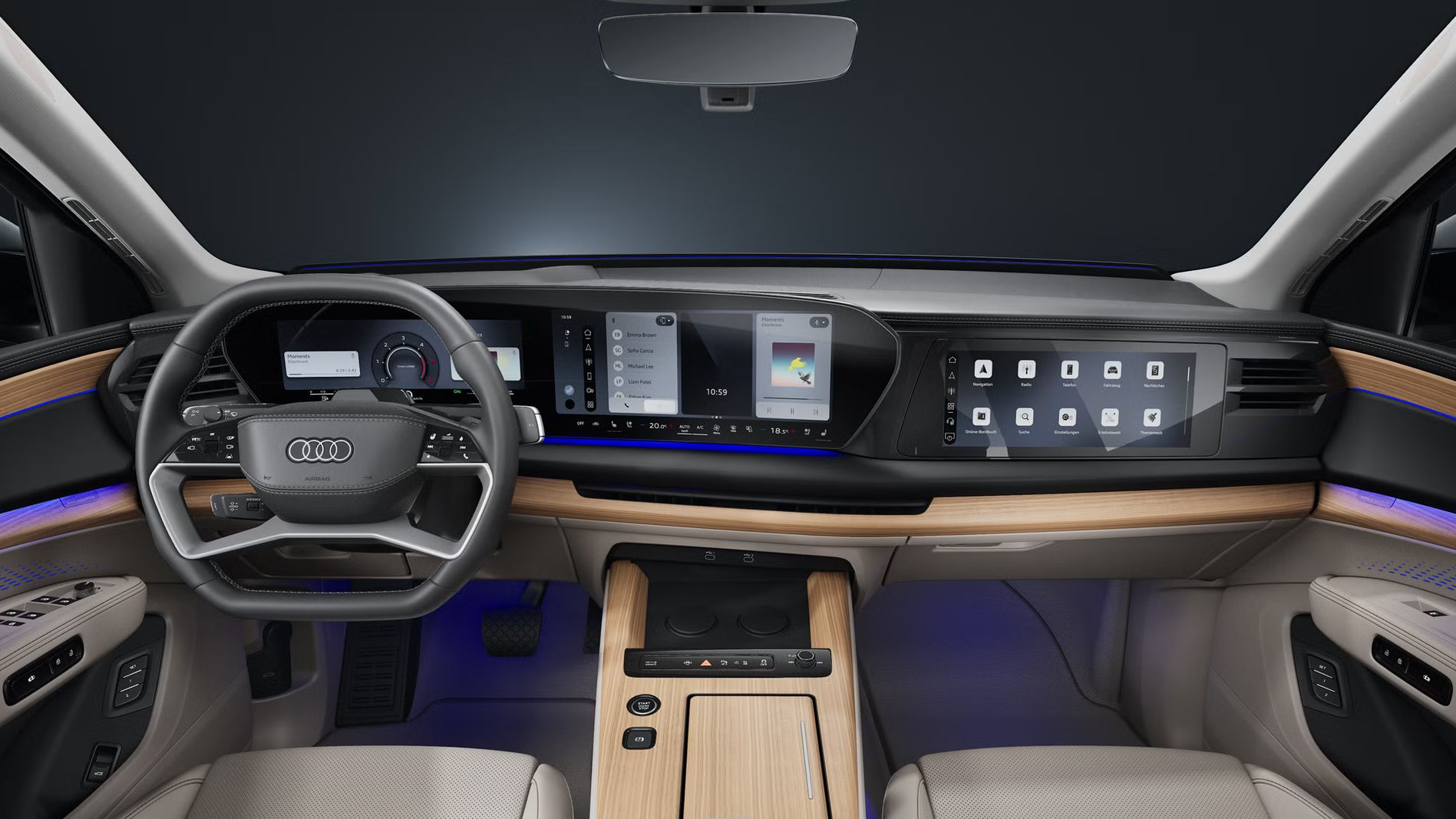 Pohľad zozadu na kokpit, športové sedadlá a digitálne displeje Audi Q7 SUV.