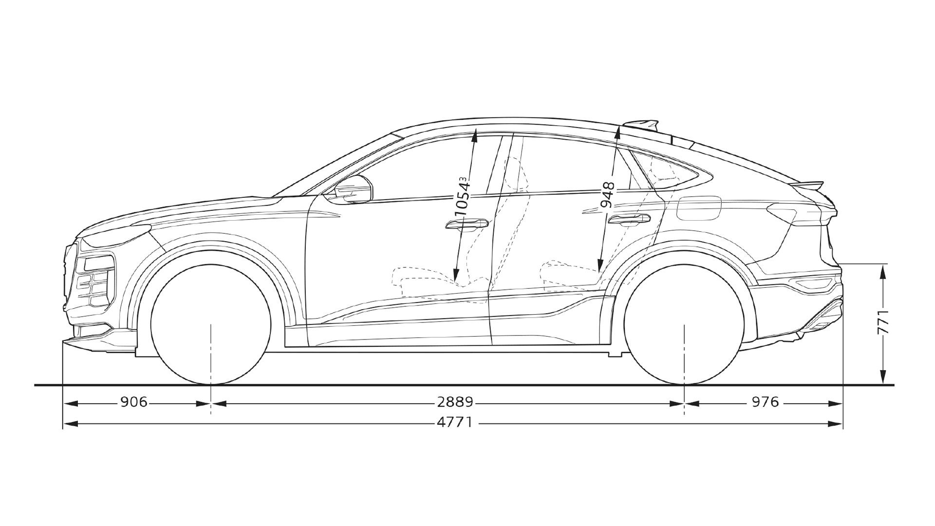 Technický výkres auta zobrazujúci bočný pohľad s rozmermi vrátane dĺžok a výšok jednotlivých častí auta.