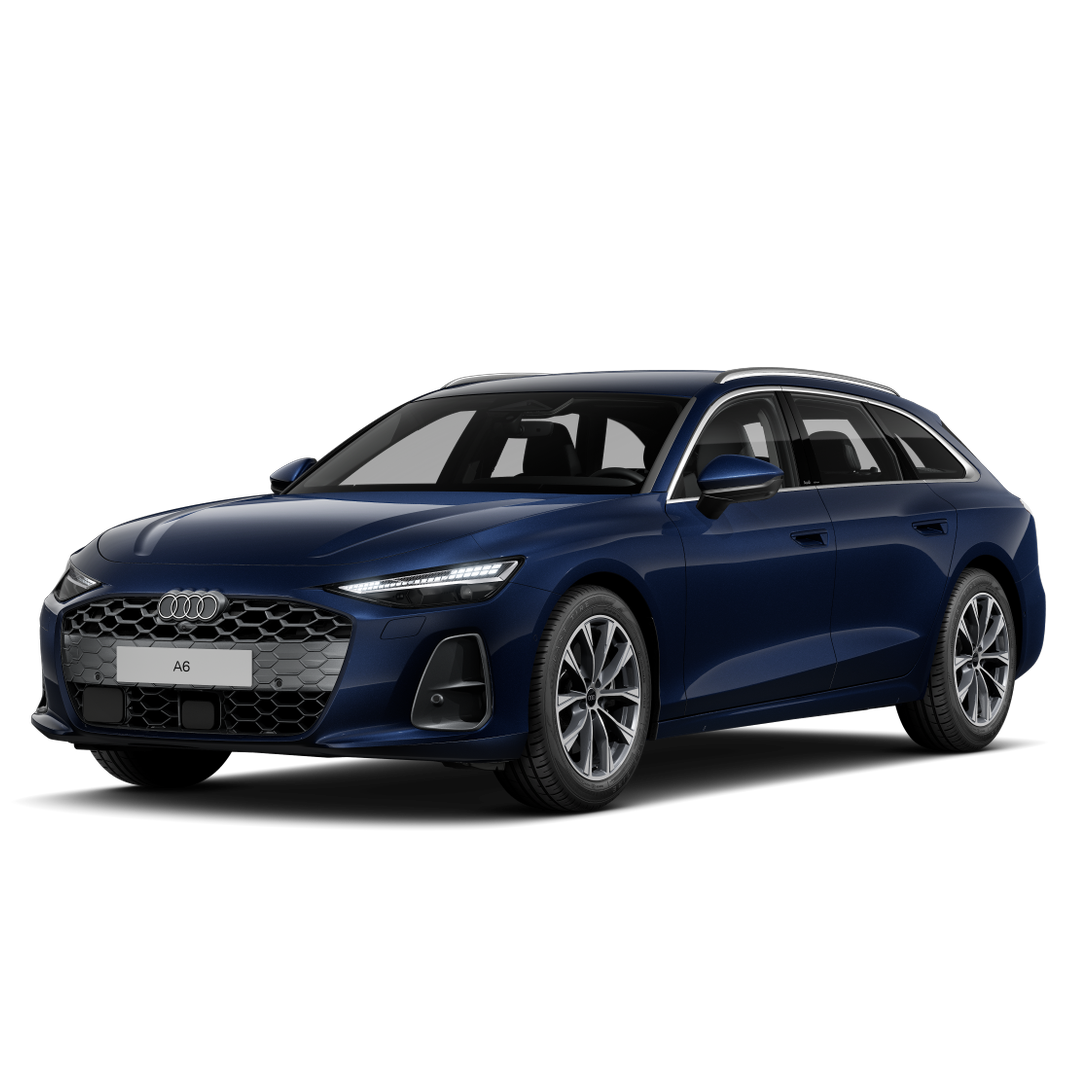 Pohľad na modré Audi A6 Avant z predného pohľadu.