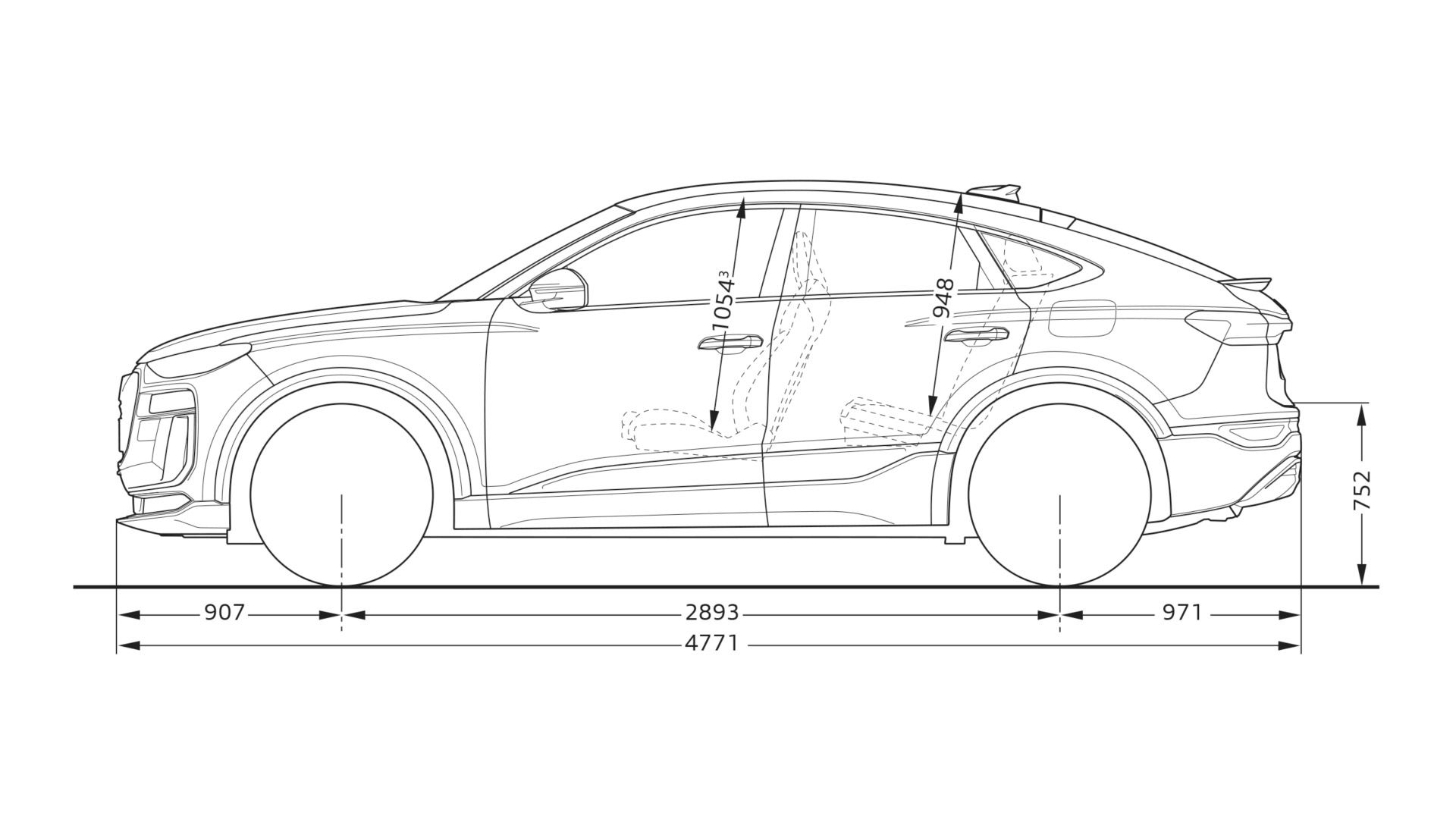 Technický nákres automobilu zobrazený z bočného pohľadu, s rozmermi uvedenými v milimetroch. Na obrázku sú zvýraznené rozmery dĺžky auta, vzdialenosti medzi nápravami, výšky a ďalších dôležitých parametrov.