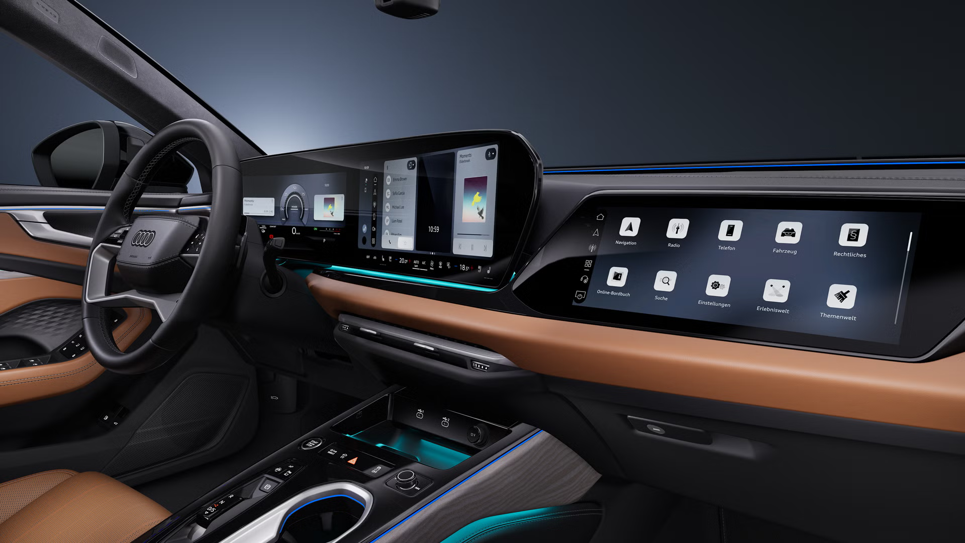 Bočný detailný záber z kokpitu vozidla Audi A6 allroad so zameraním na volant, digitálne displeje a stredovú konzolu.