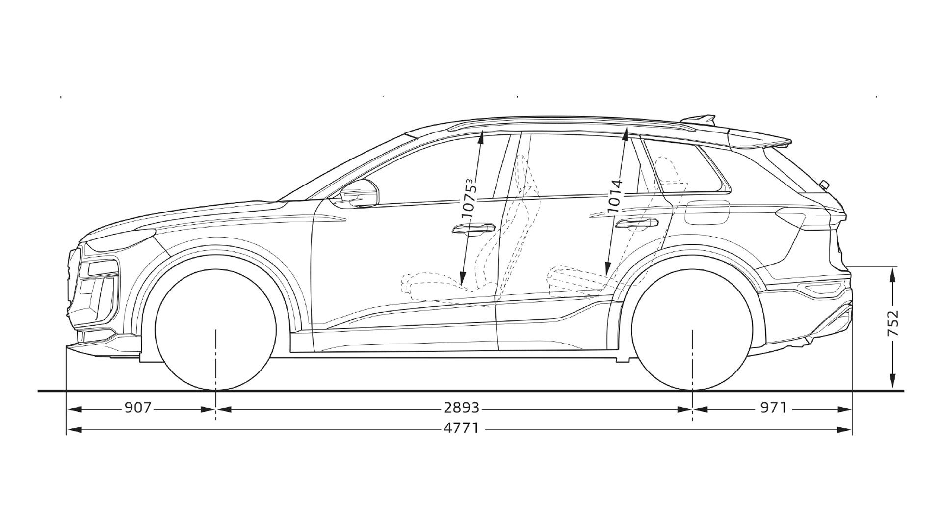 Technický nákres bočného pohľadu SUV vozidla s rozmermi uvedenými v milimetroch. Dĺžka vozidla je 4771 mm s rozmermi prednej a zadnej časti 907 mm a 971 mm. 