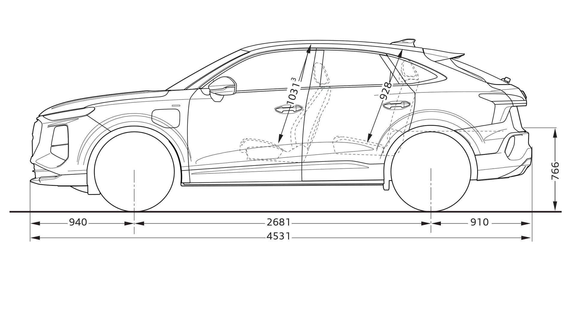 Grafické zobrazenie technického výkresu Audi Q3 Sportback e-hybrid z bočného pohľadu s rozmermi.