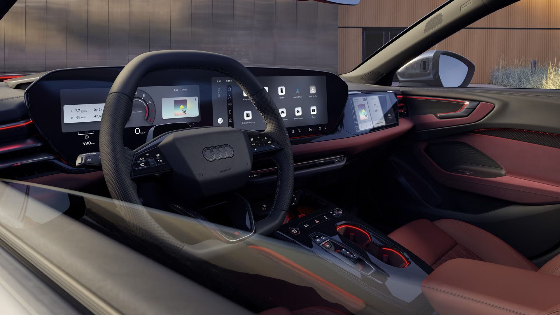 Interiér a kokpit modelu S5 Avant z pohľadu vodiča. Interiér je osvetlený červeným ambientným osvetlením.