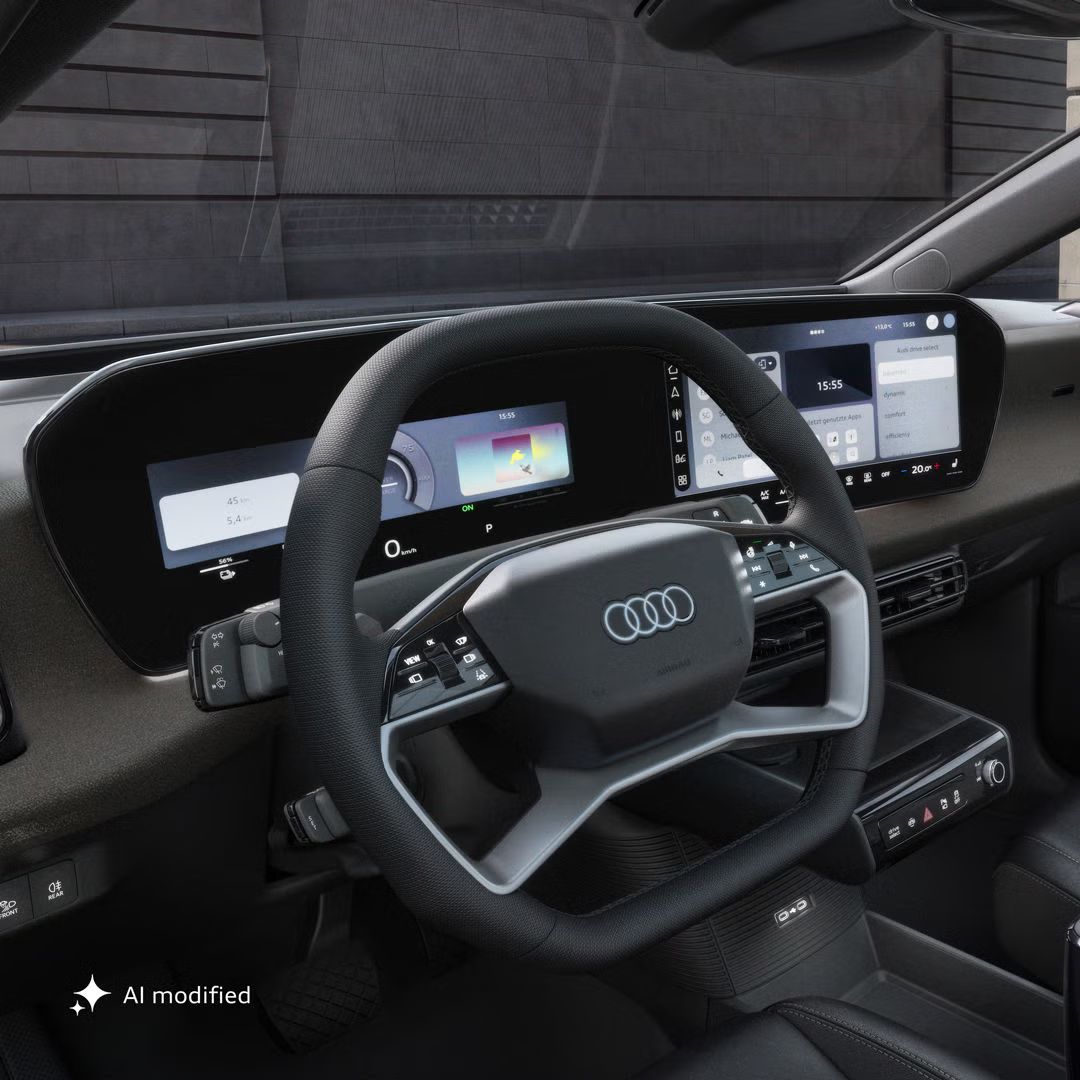 Pohľad na kokpit Audi A2 e-tron z vodičovej strany so zameraním na volant a zakrivený panoramatický displej.