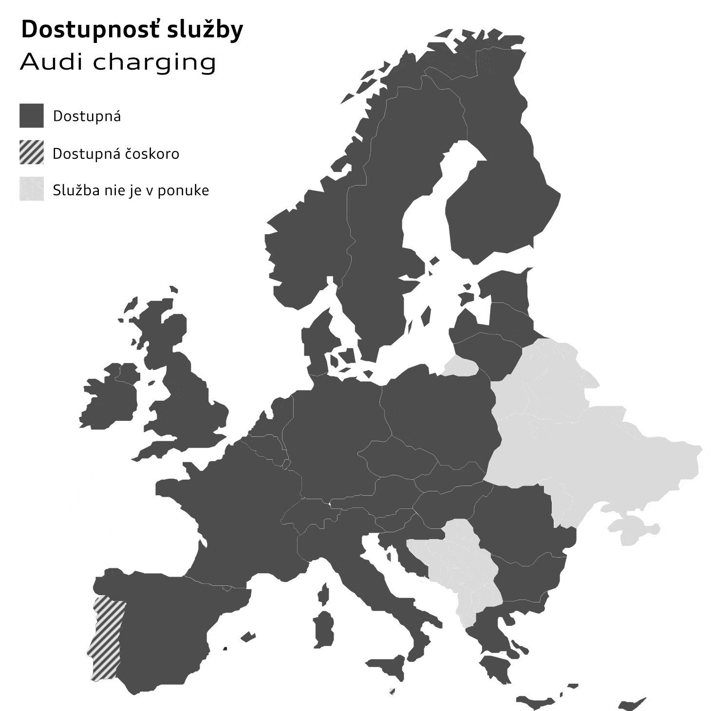 Mapa Európy zobrazujúca dostupnosť služby Audi charging. Šedé oblasti predstavujú krajiny, kde služba dostupná. Krajiny s čierno šrafovaným vzorom označujú oblasti, kde bude služba dostupná čoskoro. Svetlá farba prezentuje krajiny, kde služba nie je v ponuke.