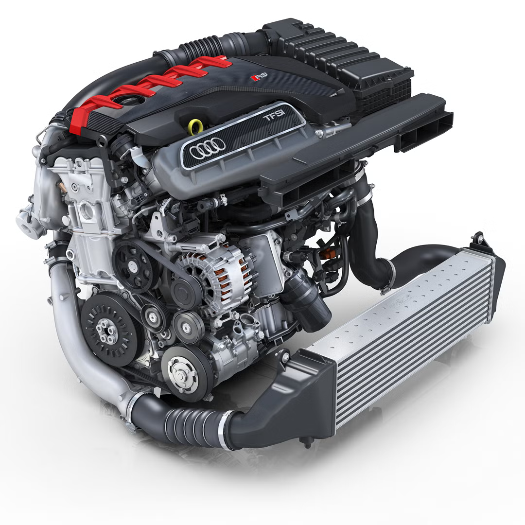 Zobrazenie 5-valcového motora na bielom pozadí.