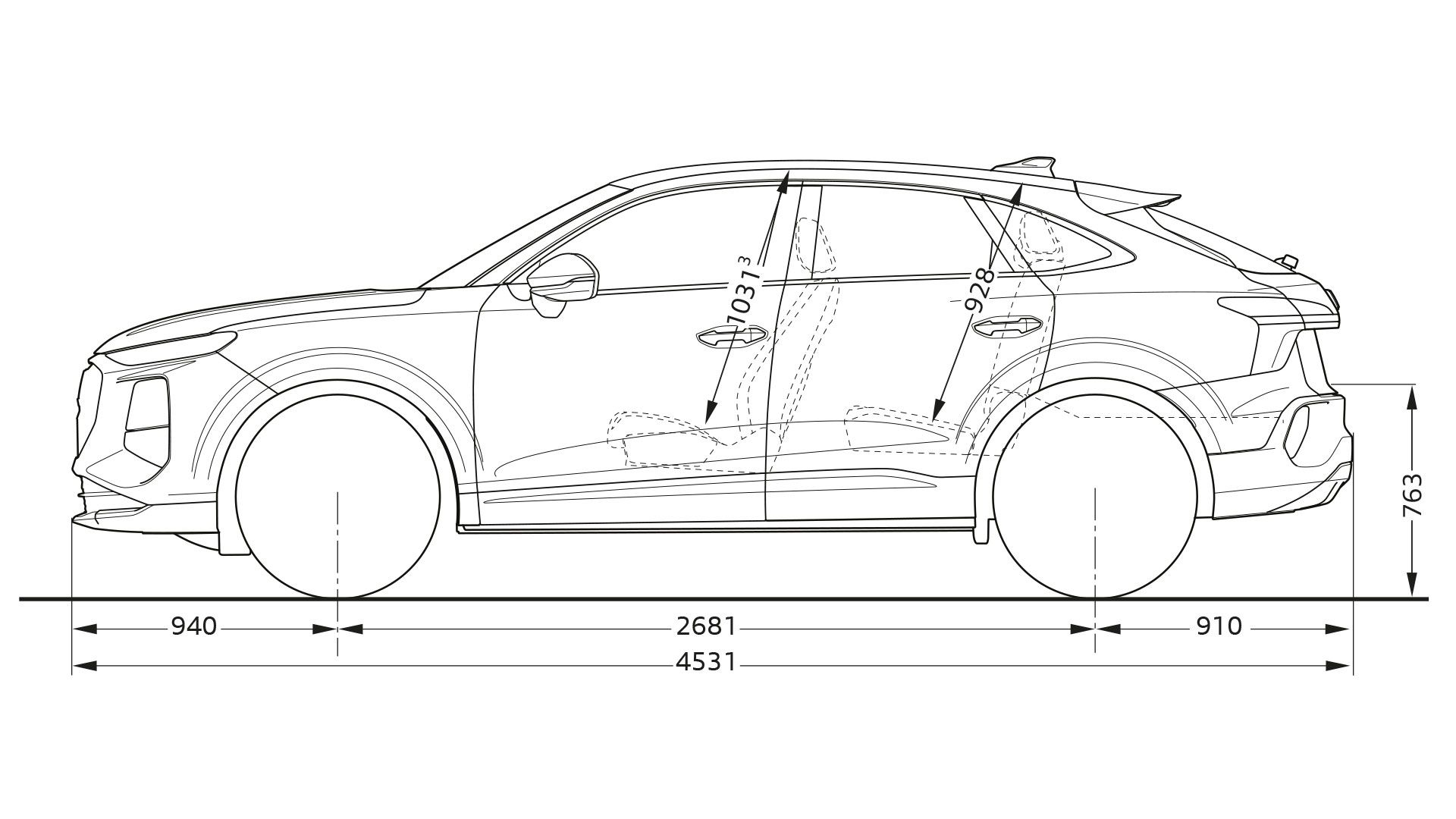 Technická kresba Audi Q3 Sportback z bočného pohľadu s rozmermi.