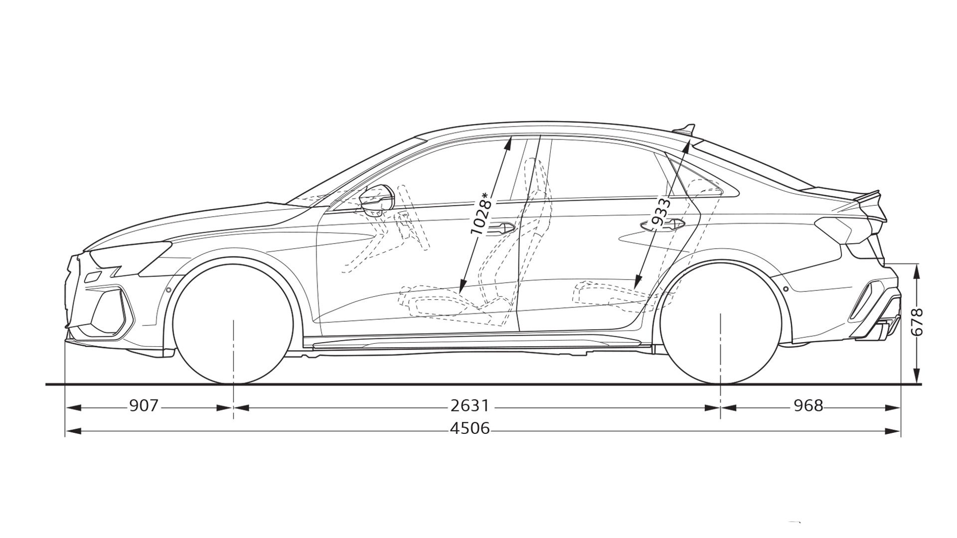 Audi S3 Limuzína graficky zobrazené rozmery vozidla zboku.
