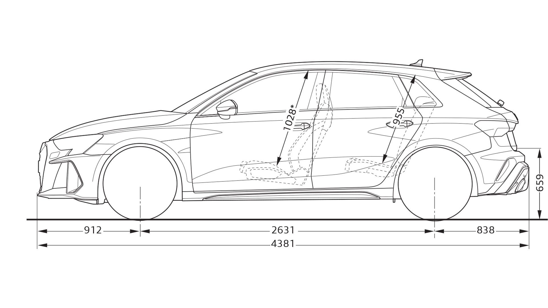 Grafické zobrazenie rozmerov z bočného pohľadu Audi RS 3 Sportback.