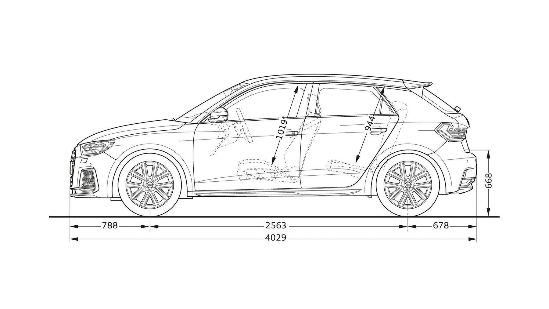 Čiernobiela technická kresba bočného pohľadu Audi A1 Sportback s vyznačenými rozmermi v milimetroch. Zobrazené sú dĺžky karosérie, výšky a vnútorné rozmery interiéru. Auto má štyri dvere a päť sedadiel.