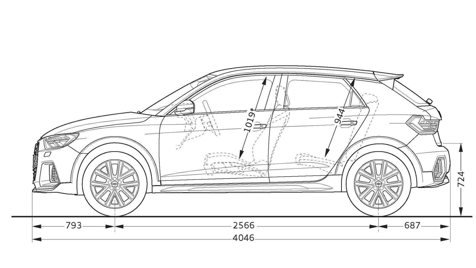 Čiernobiely technický nákres Audi A1 Sportback s vyznačenými rozmermi. Zobrazené rozmery zahrňujú celkovú dĺžku vozidla, rázvor a výšku interiéru. Nákres obsahuje aj detaily kolies a bočných dverí.
