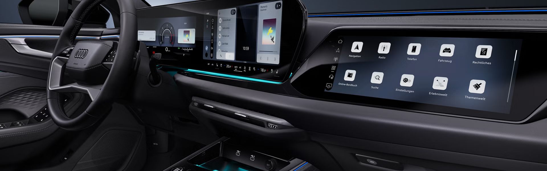 Bočný detailný záber z kokpitu vozidla Audi A6 allroad so zameraním na volant a digitálne displeje.