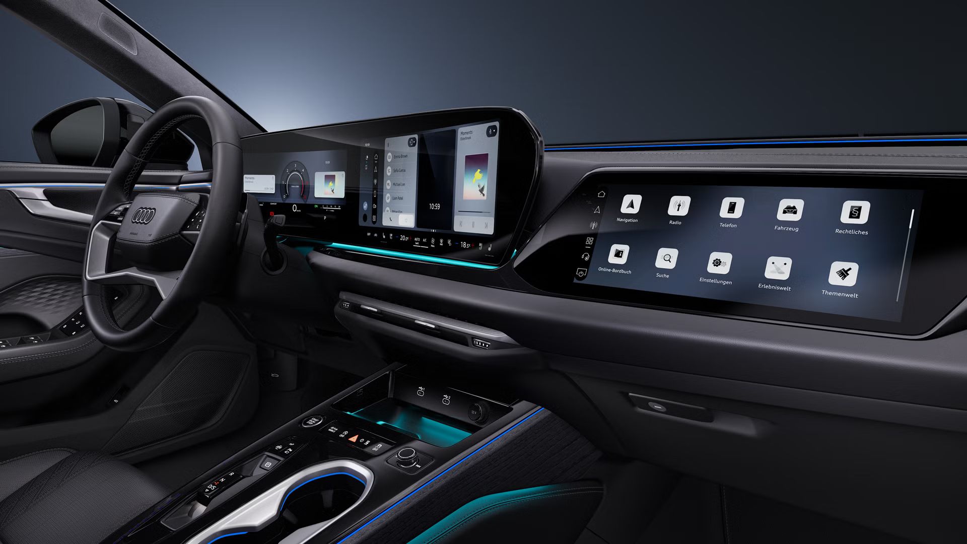Bočný detailný záber z kokpitu vozidla Audi A6 allroad so zameraním na volant a digitálne displeje.