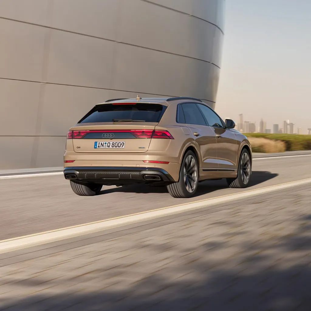 Audi Q8 SUV počas jazdy po ceste popri verejnej budove. V pozadí vidieť panorámu mesta. 