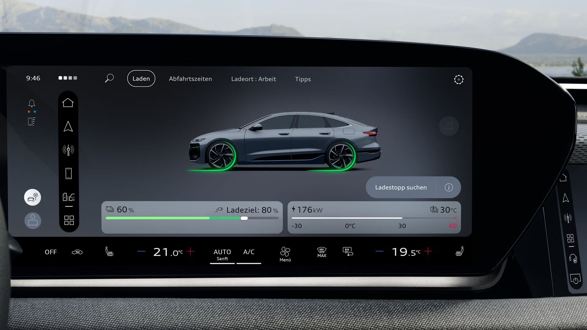 Detail panoramatického displeja modelu A6 Sportback e-tron. Na displeji sa zobrazuje nabíjacie menu.