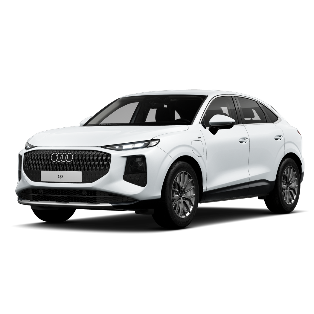 Biele Audi Q3 Sportback e-hybrid, bočný pohľad spredu