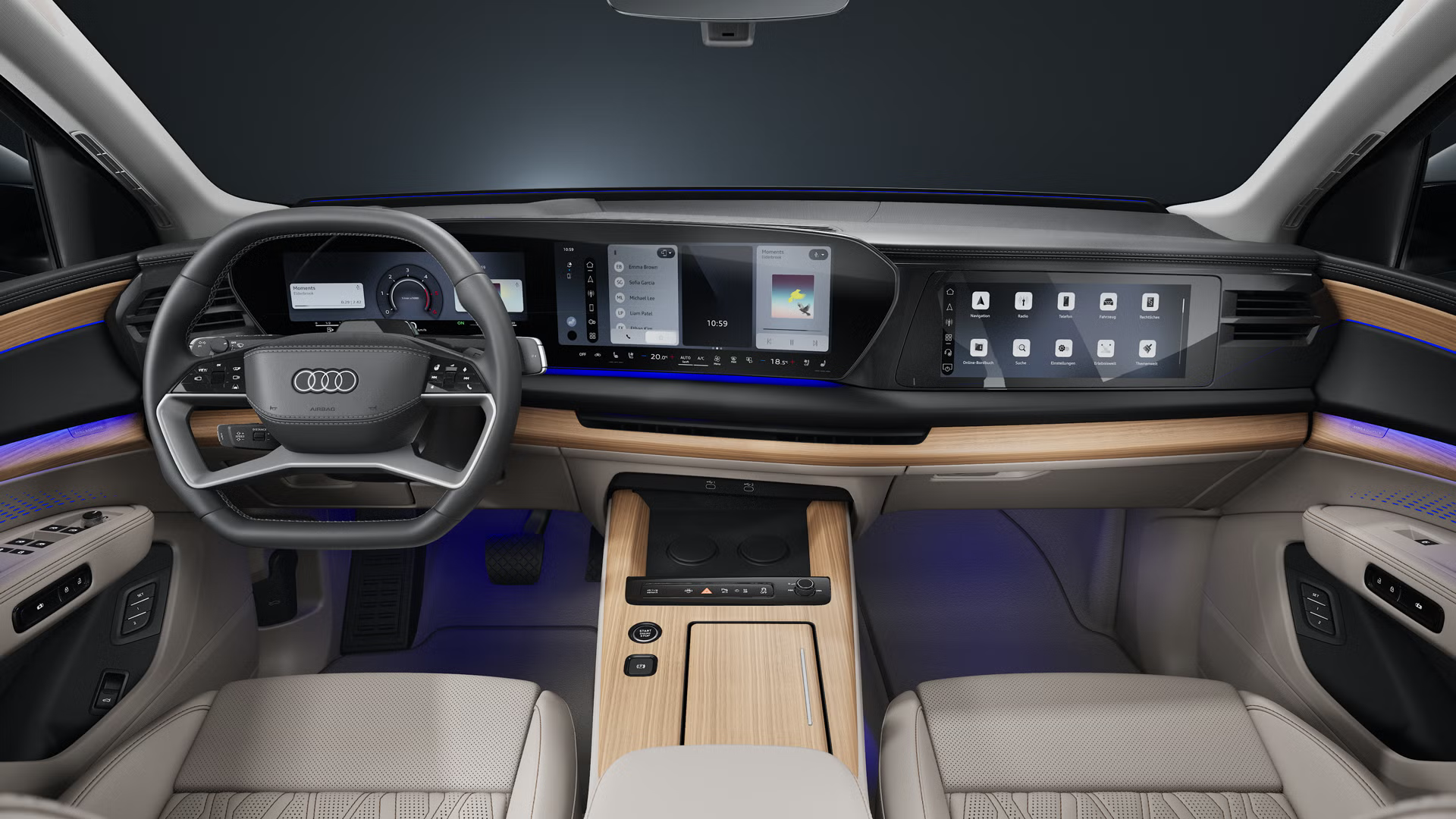 Pohľad spredu na kokpit, športové sedadlá a digitálne displeje Audi Q7 SUV.
