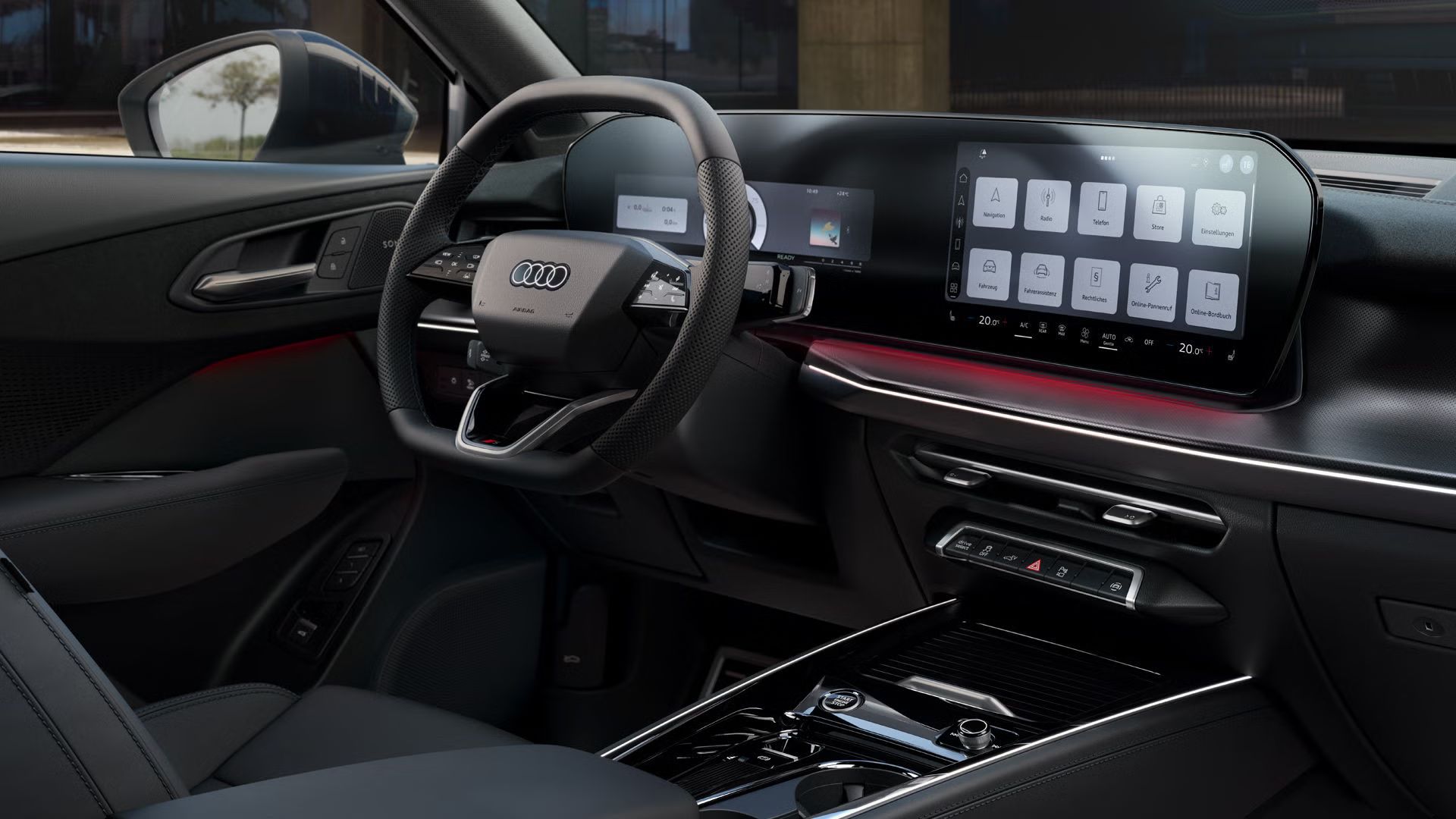 Kokpit so zameraním na volant, panoramatický displej a balík ambientného osvetlenia.