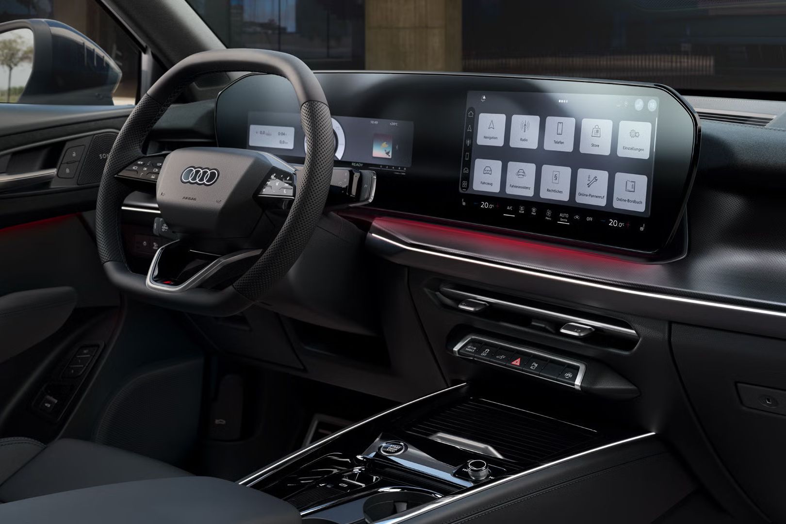 Kokpit so zameraním na volant, panoramatický displej a balík ambientného osvetlenia.