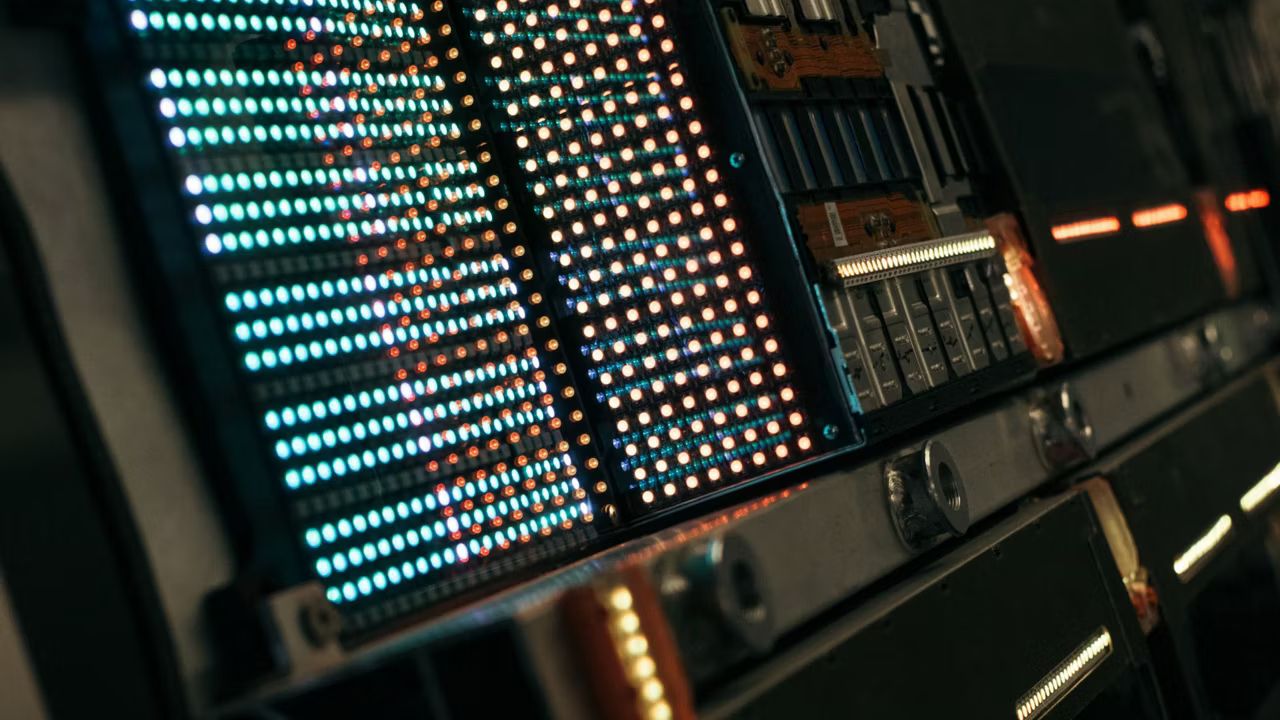 Detail na technologické zariadenie s rozsvietenými kontrolkami LED a ďalšími súčiastkami. 