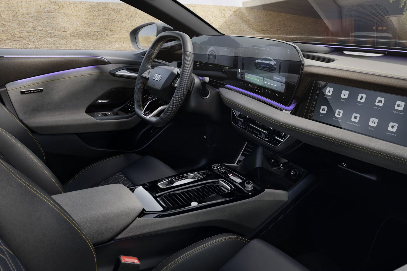 Pohľad do kokpitu modelu A6 Sportback e-tron cez okno spolujazdca. Sedadlá majú poťahy z nappa kože v odtieni jet grey/black. Švy majú kontrastné prešívanie v odtieni Iguana Green.